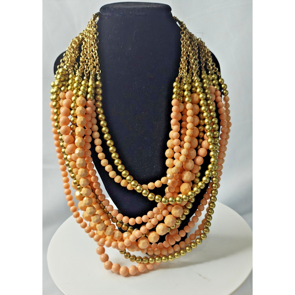 SIMPLE Multiple Strand Peach, & Gold-tone Beaded Necklace